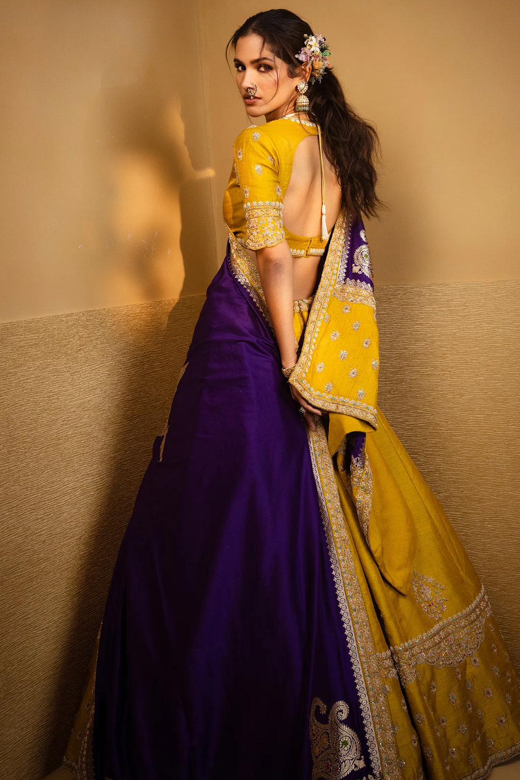 Yellow Raw Silk Designer Handworked Lehenga with Crew Neck Blouse