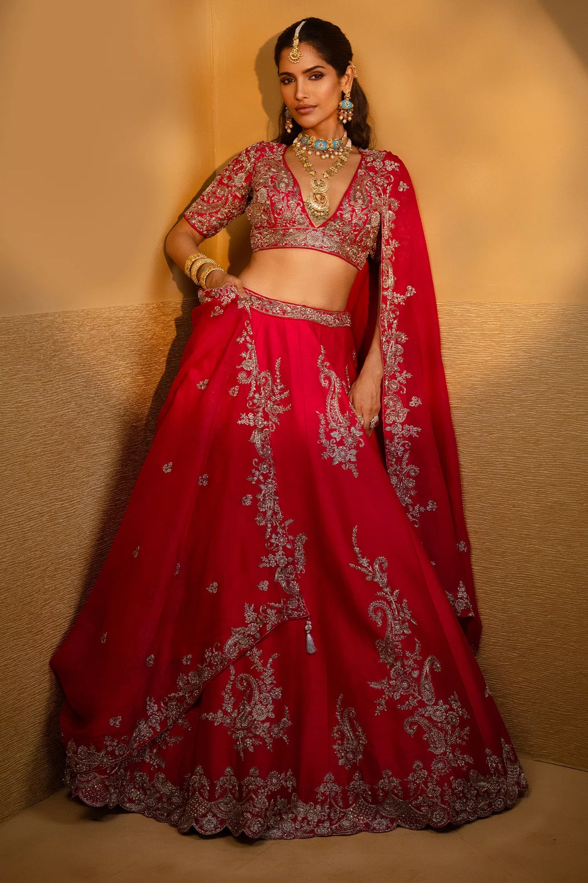 Pink Raw Silk Designer Heavy Patch Work Lehenga with Deep V Neck Blouse