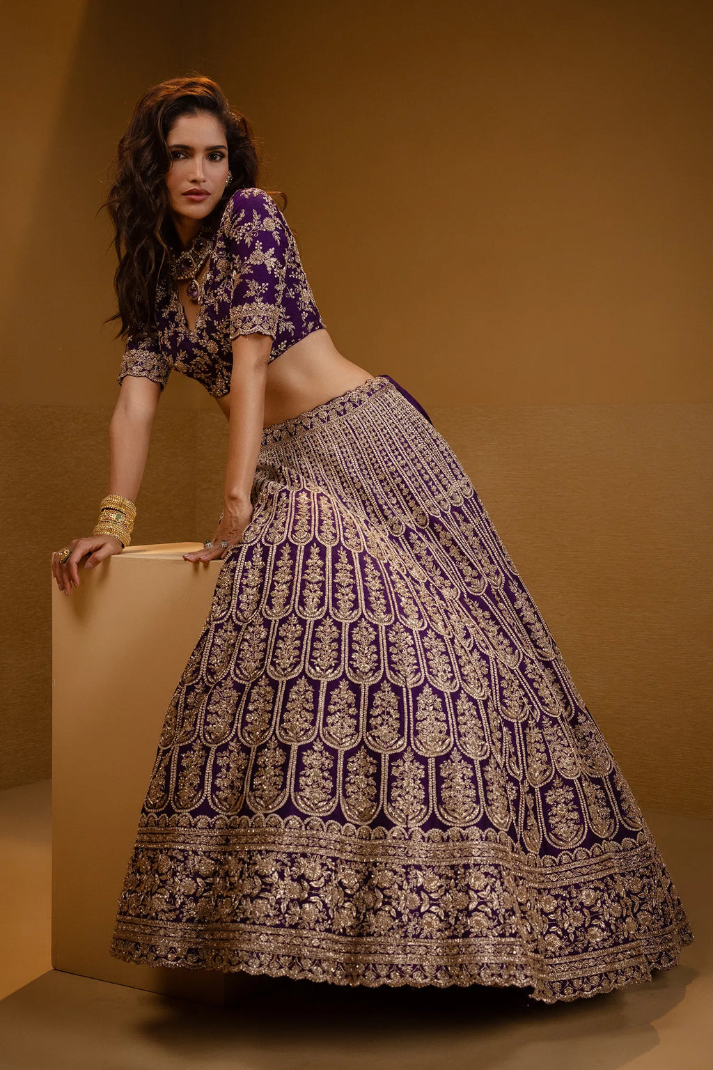 Purple Raw Silk Scallop Jaal Designer Handworked Lehenga with V Neck Blouse