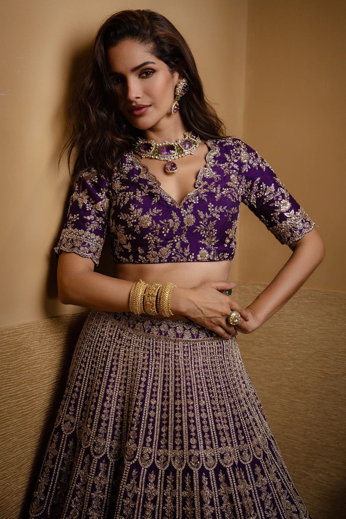 Purple Raw Silk Scallop Jaal Designer Handworked Lehenga with V Neck Blouse