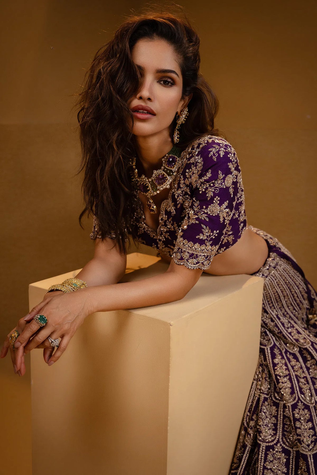 Purple Raw Silk Scallop Jaal Designer Handworked Lehenga with V Neck Blouse