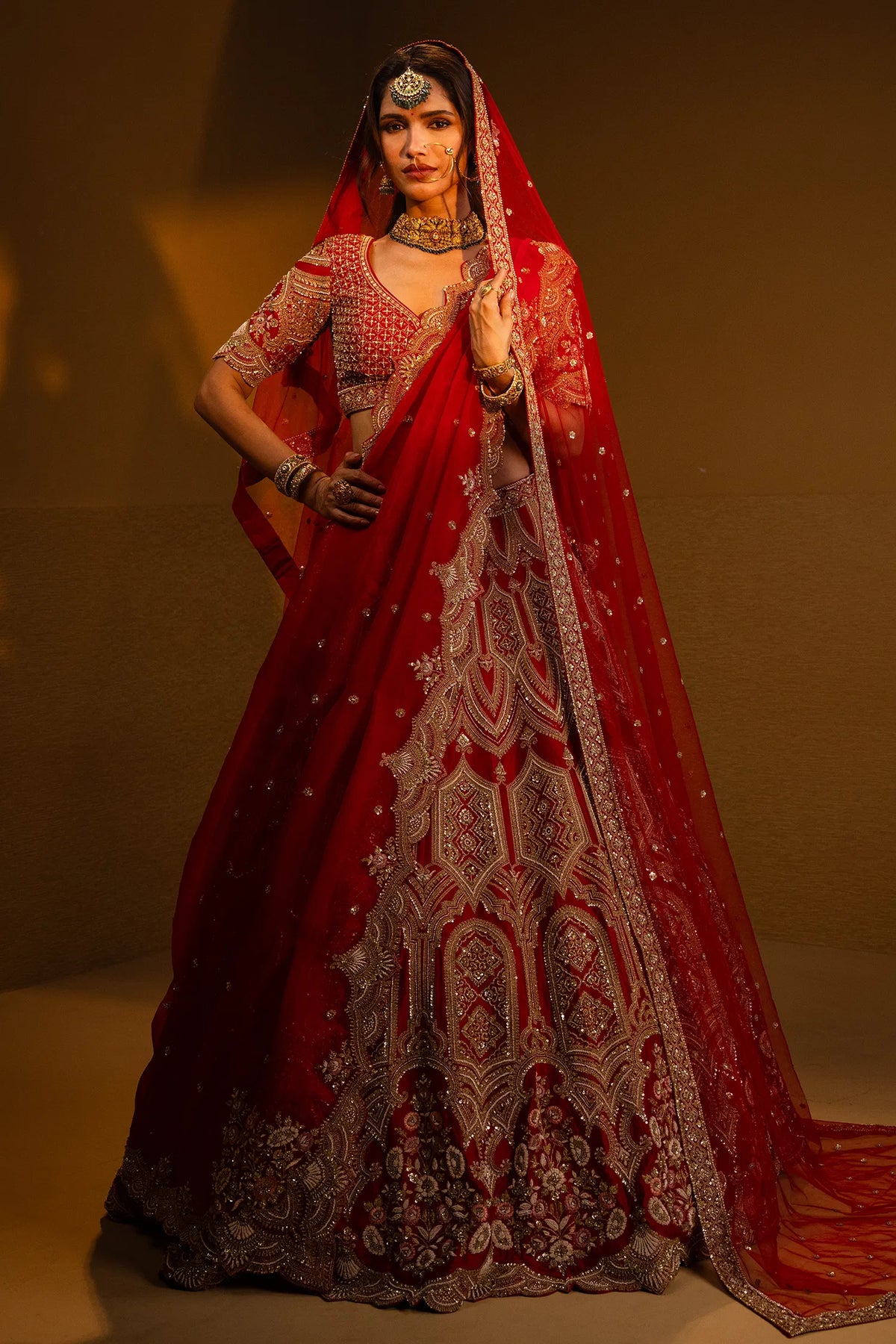 Red Raw Silk Designer Bridal Lehenga with Double Dupatta