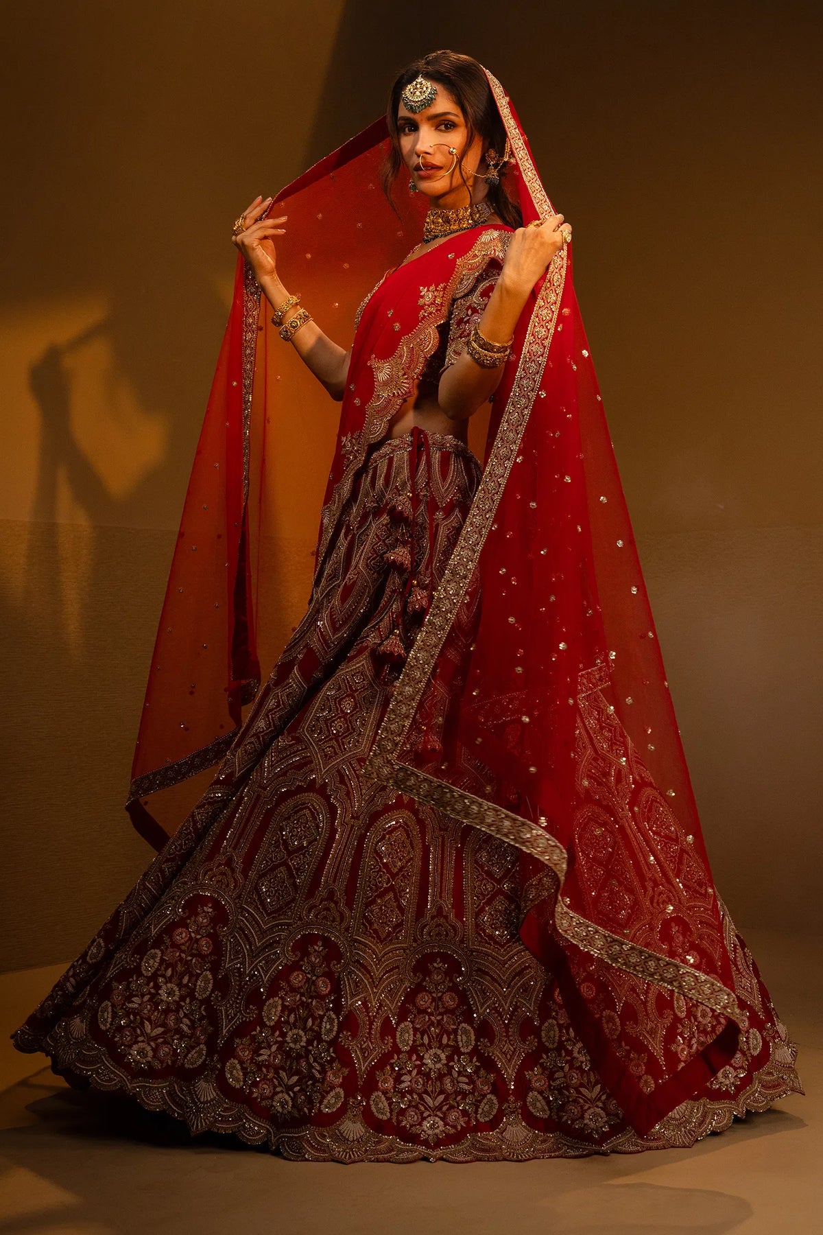 Red Raw Silk Designer Bridal Lehenga with Double Dupatta