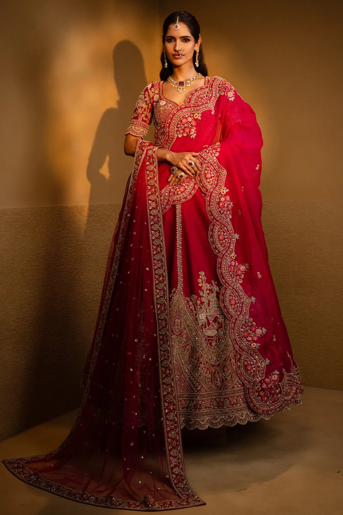 Pink Raw Silk Heavy Designer Bridal Lehenga with Double Dupatta and Deep V Neckline Blouse