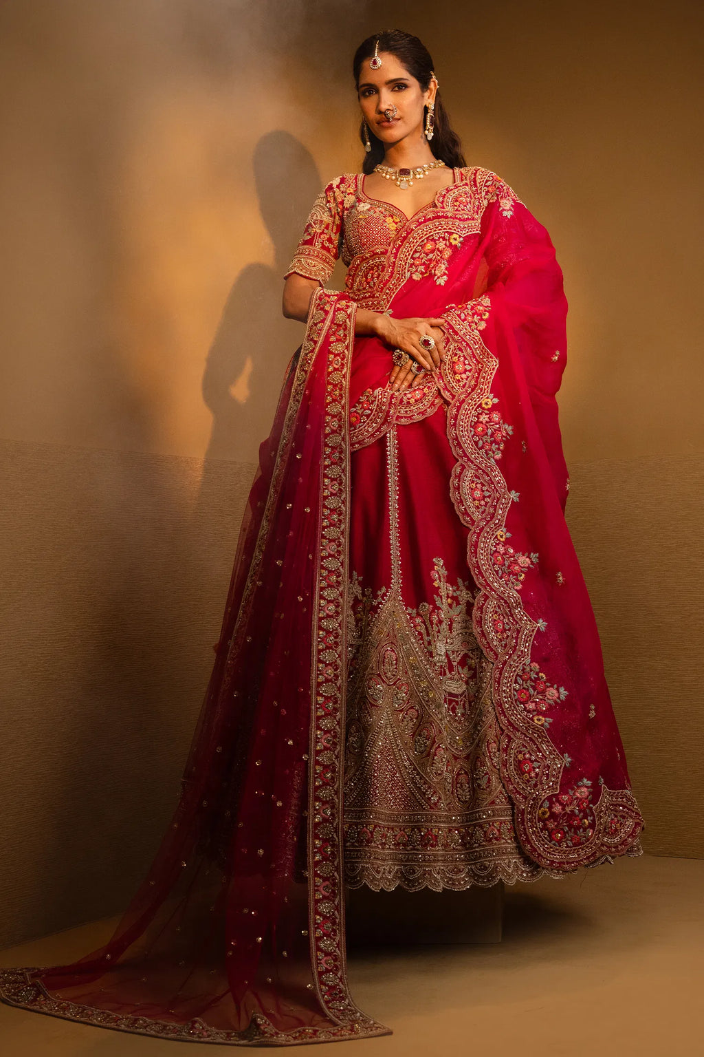 Pink Raw Silk Heavy Designer Bridal Lehenga with Double Dupatta and Deep V Neckline Blouse