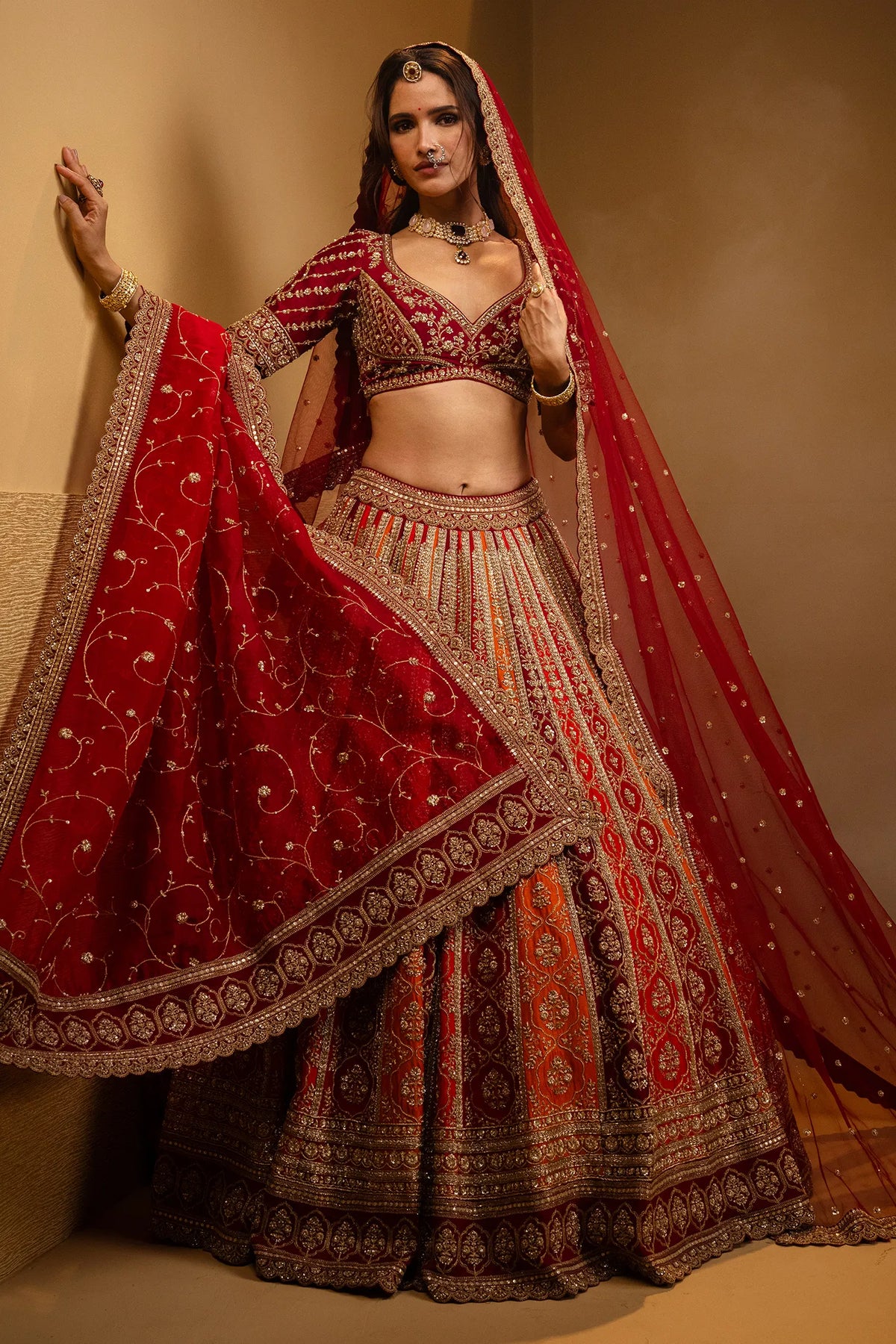 Multi Colored Raw Silk Heavy Bridal Lehenga with Curved Sweet Heart Neck Blouse and Double Dupatta