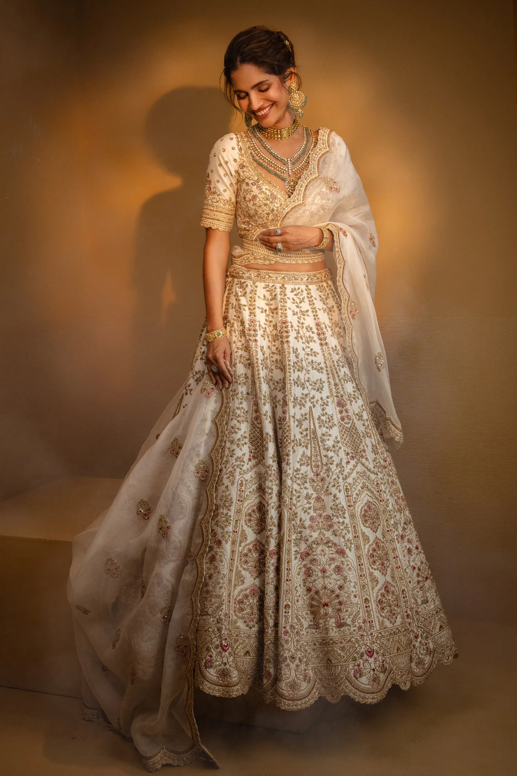 Cream Raw Silk Heavy Designer Bridal Lehenga with Scallop V Neckline and Double Dupatta