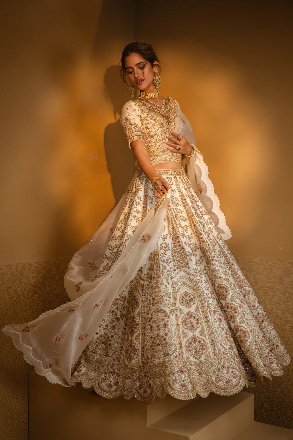 Cream Raw Silk Heavy Designer Bridal Lehenga with Scallop V Neckline and Double Dupatta