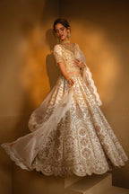 Cream Raw Silk Heavy Designer Bridal Lehenga with Scallop V Neckline and Double Dupatta