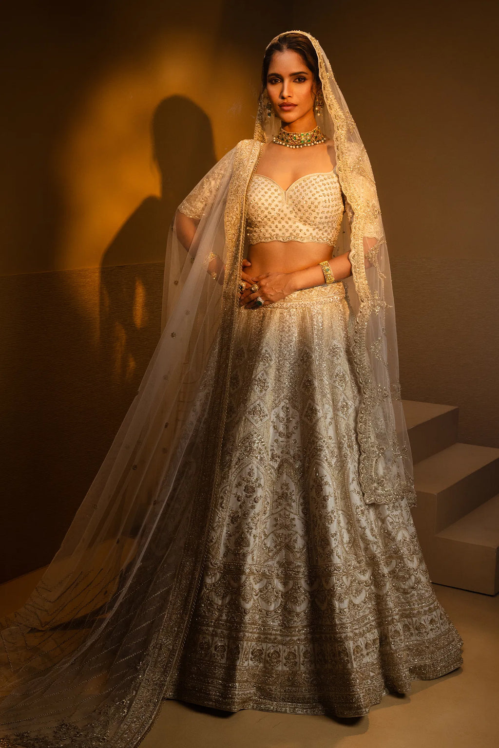 Cream Raw Silk Designer Heavy Bridal Lehenga with Sweet Heart Neck Blouse and Double Dupatta