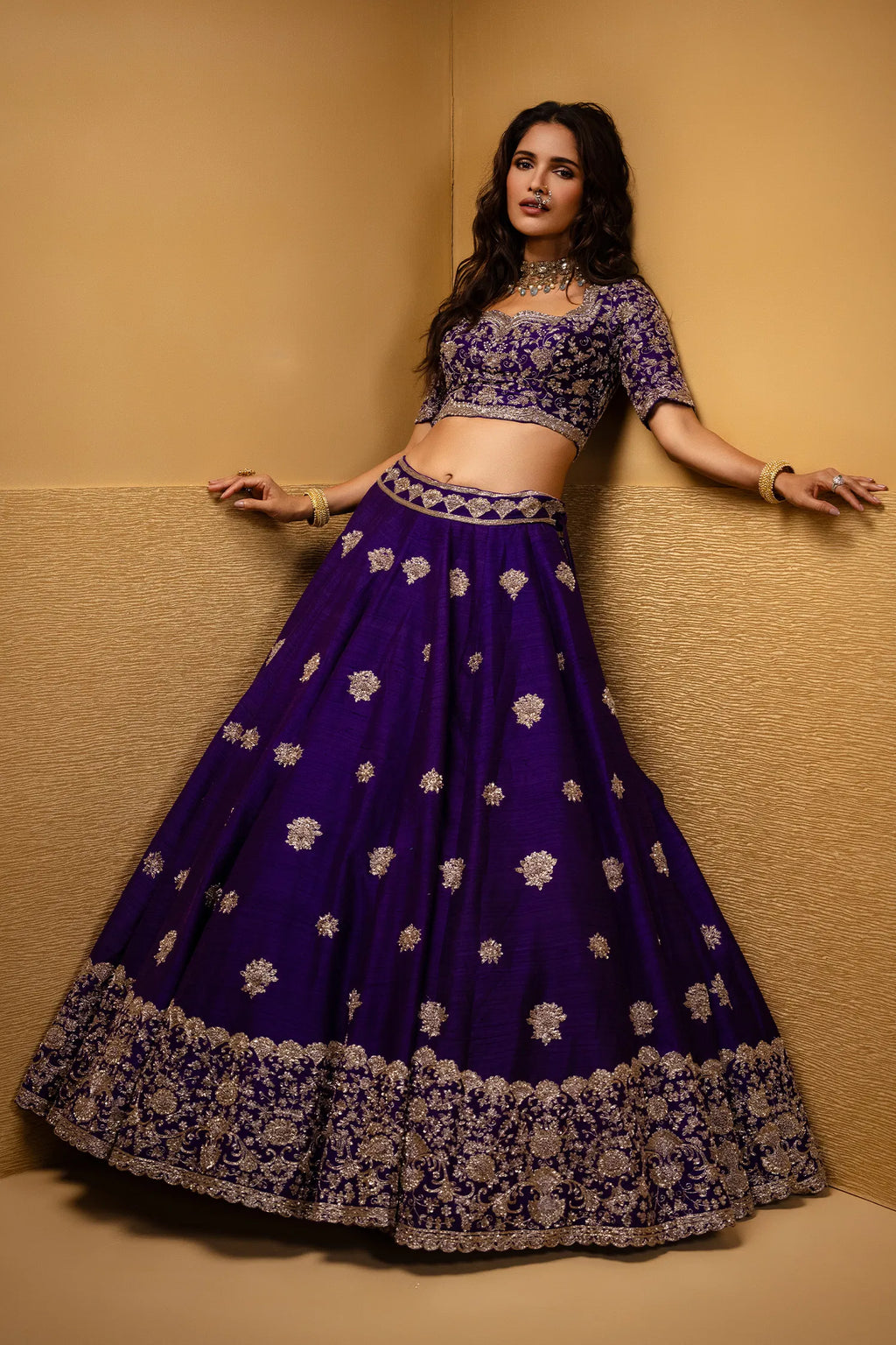 Violet Purple Raw Silk Heavy Designer Handworked Border Lehenga