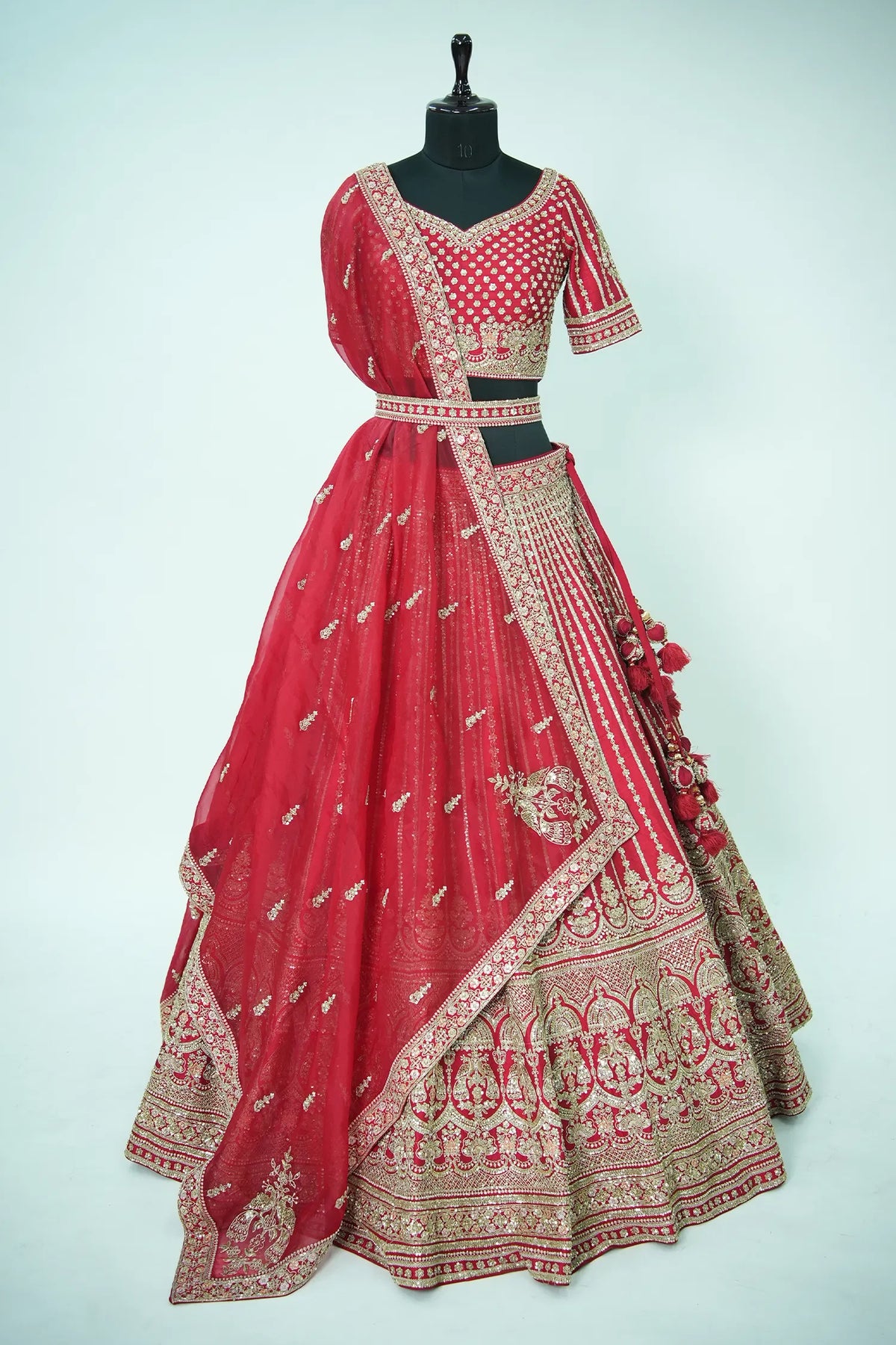Red Raw Silk Designer Heavy Bridal Lehenga