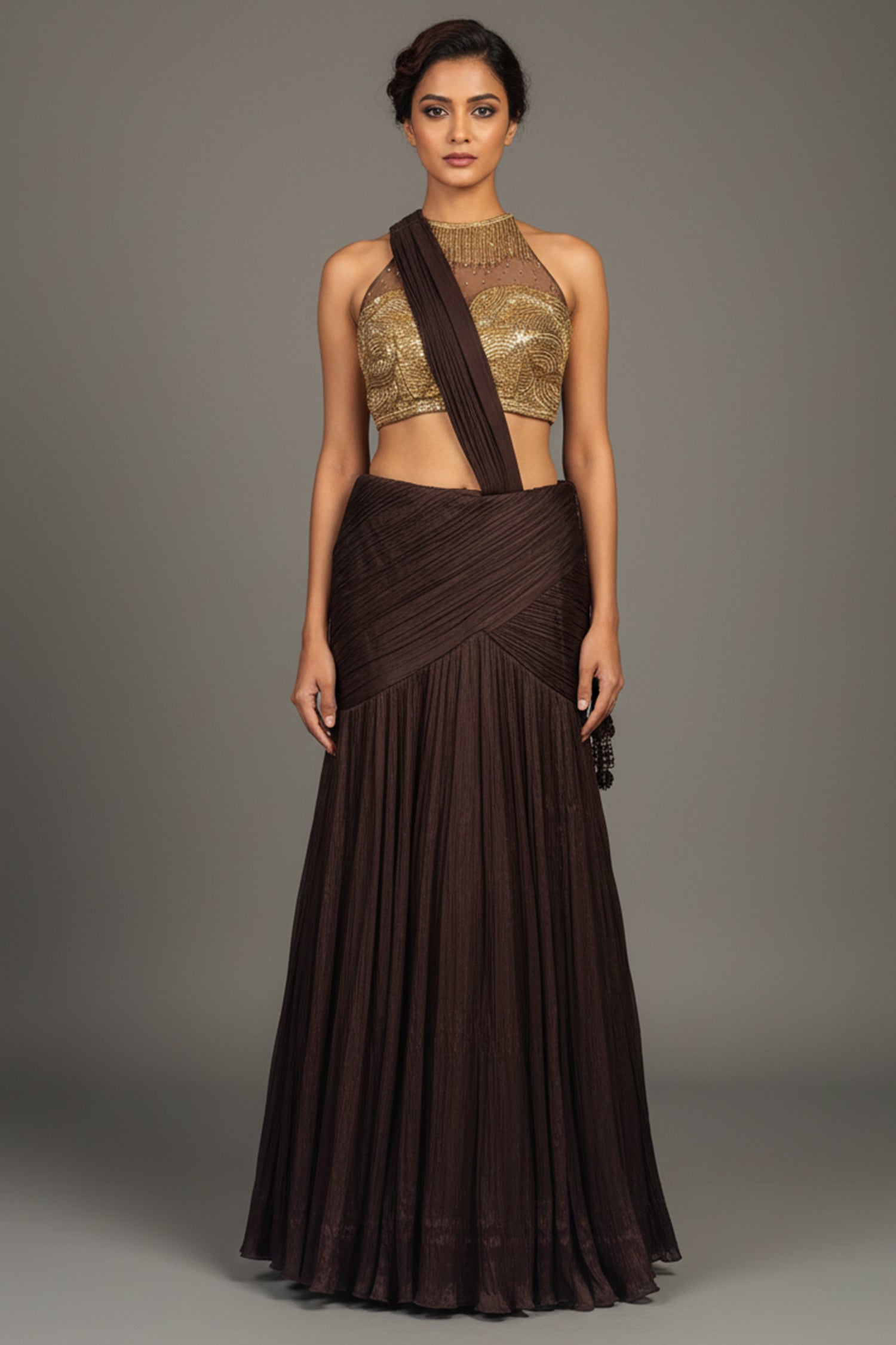 Brown Pleated Fish-Cut Lehenga with Gold Sequin Choli - gold saree holi Main image