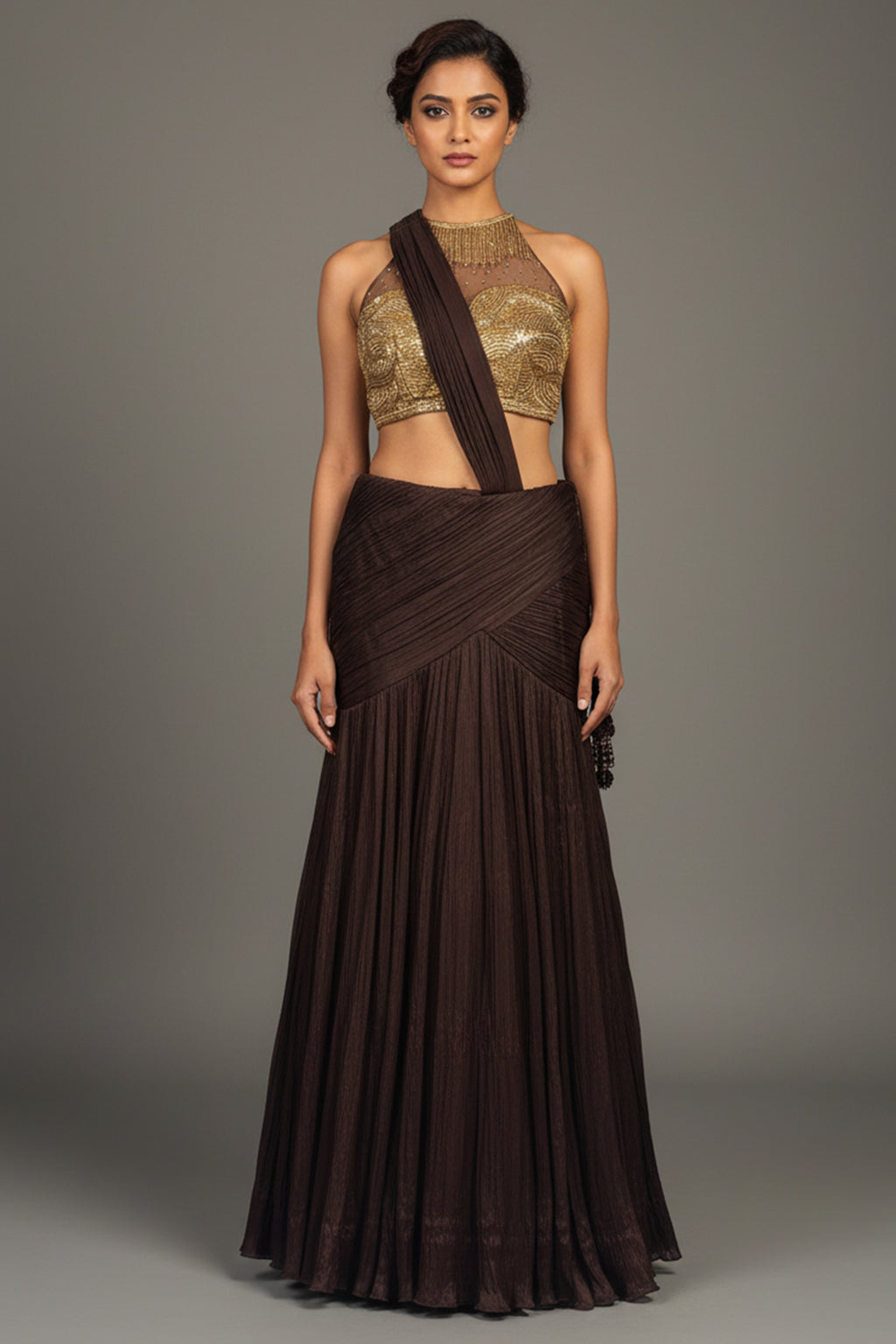 Brown Pleated Fish-Cut Lehenga with Gold Sequin Choli - gold saree holi