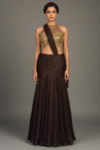 Brown Pleated Fish-Cut Lehenga with Gold Sequin Choli - gold saree holi