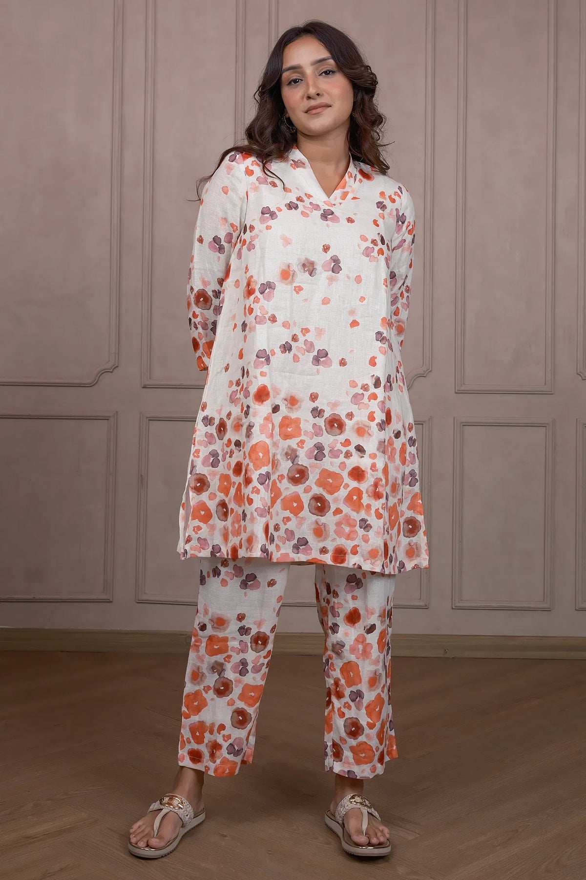 Off White Linen Floral Printed Co-Ord Set