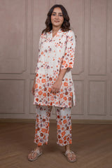 Off White Linen Floral Printed Co-Ord Set