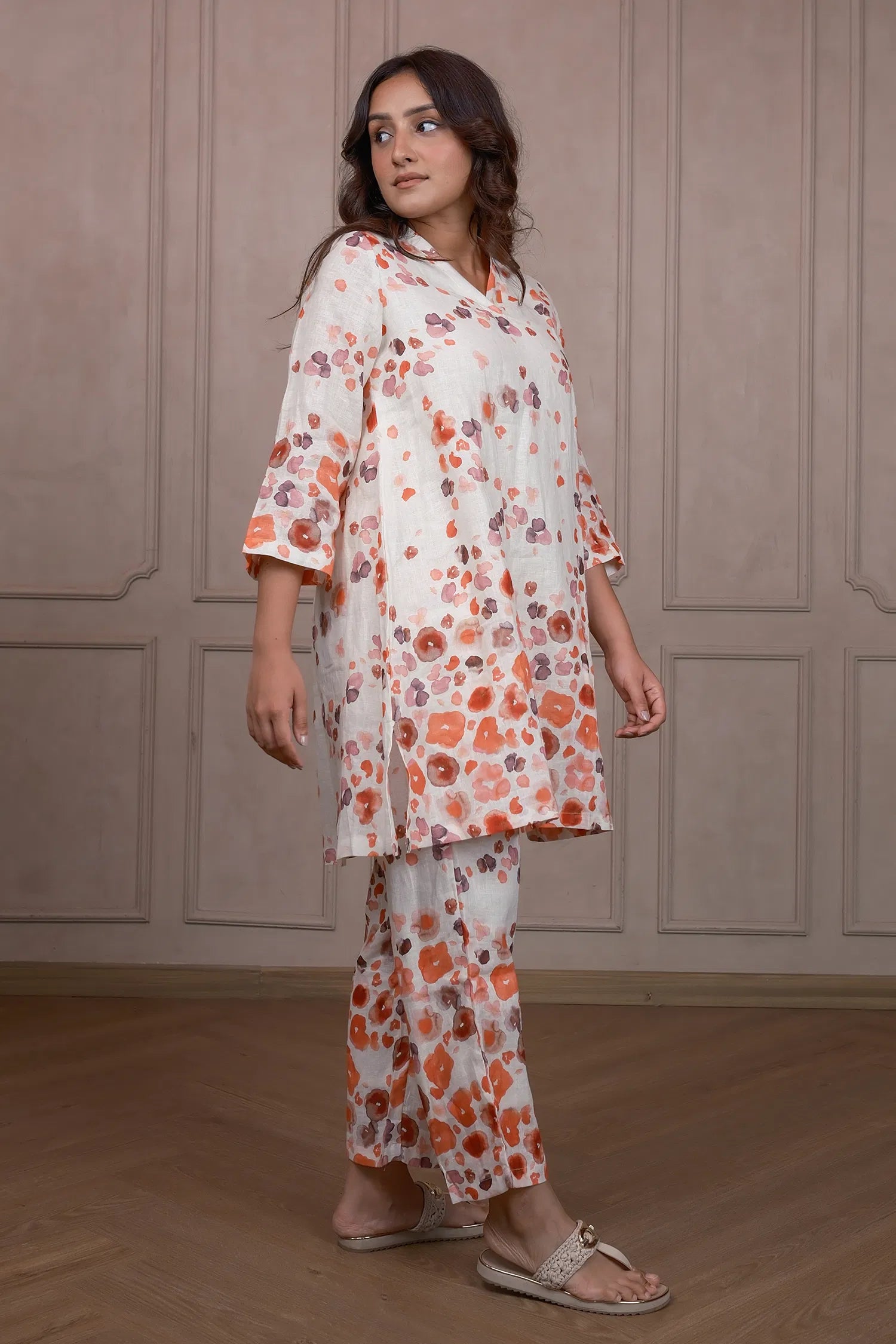 Off White Linen Floral Printed Co-Ord Set