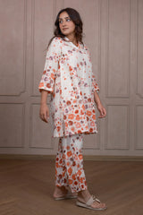 Off White Linen Floral Printed Co-Ord Set