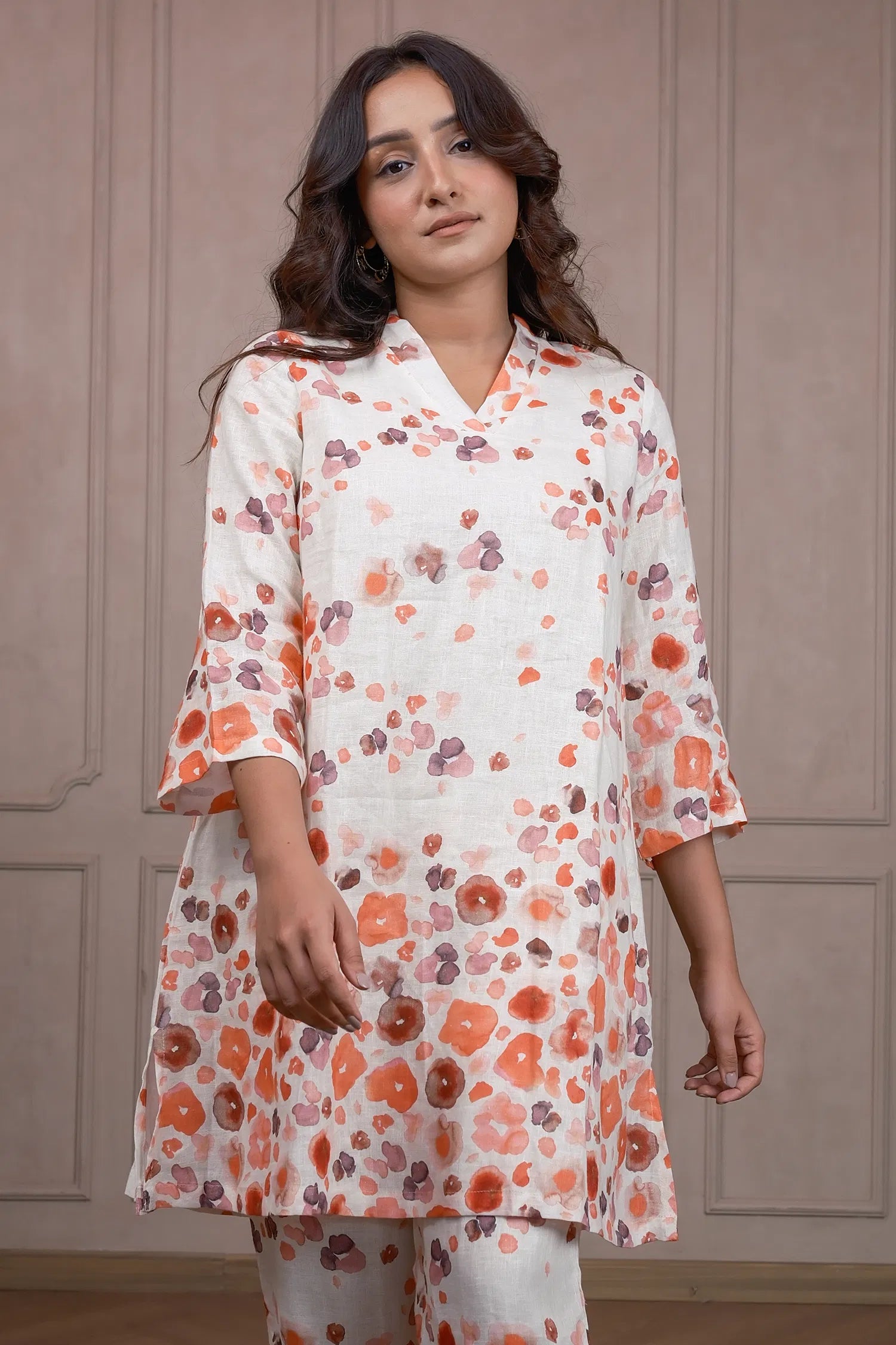 Off White Linen Floral Printed Co-Ord Set
