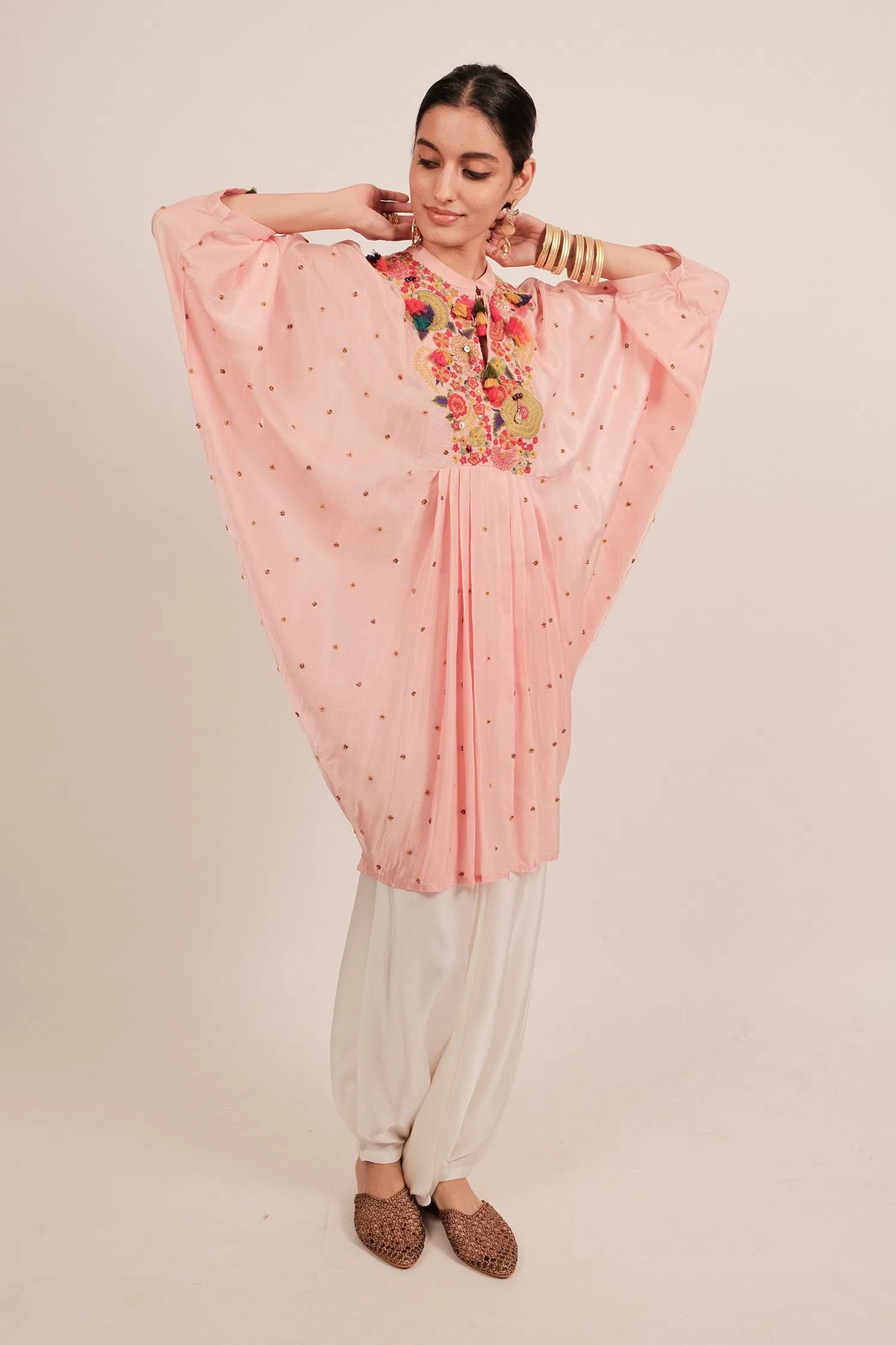 Light Pink Silk Intricate Thread Embroidery Kaftan Style Top - pink silk saree embroidery