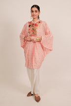 Light Pink Silk Intricate Thread Embroidery Kaftan Style Top - pink silk saree embroidery