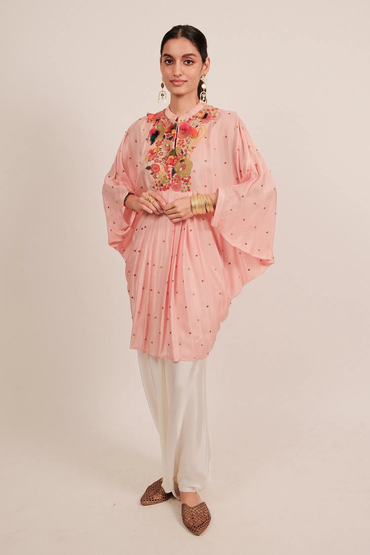 Light Pink Silk Intricate Thread Embroidery Kaftan Style Top - pink silk saree embroidery