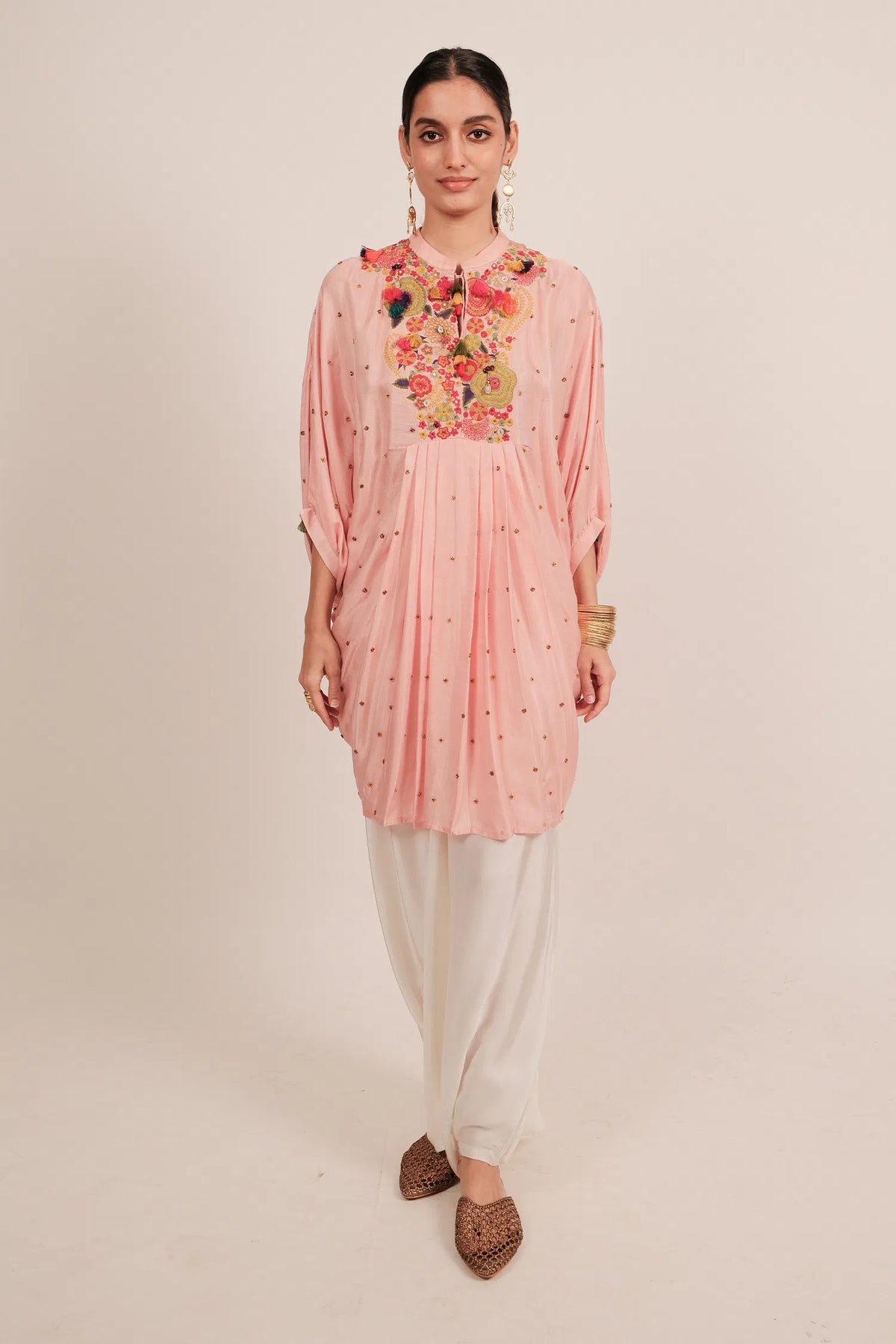 Light Pink Silk Intricate Thread Embroidery Kaftan Style Top - pink silk saree embroidery