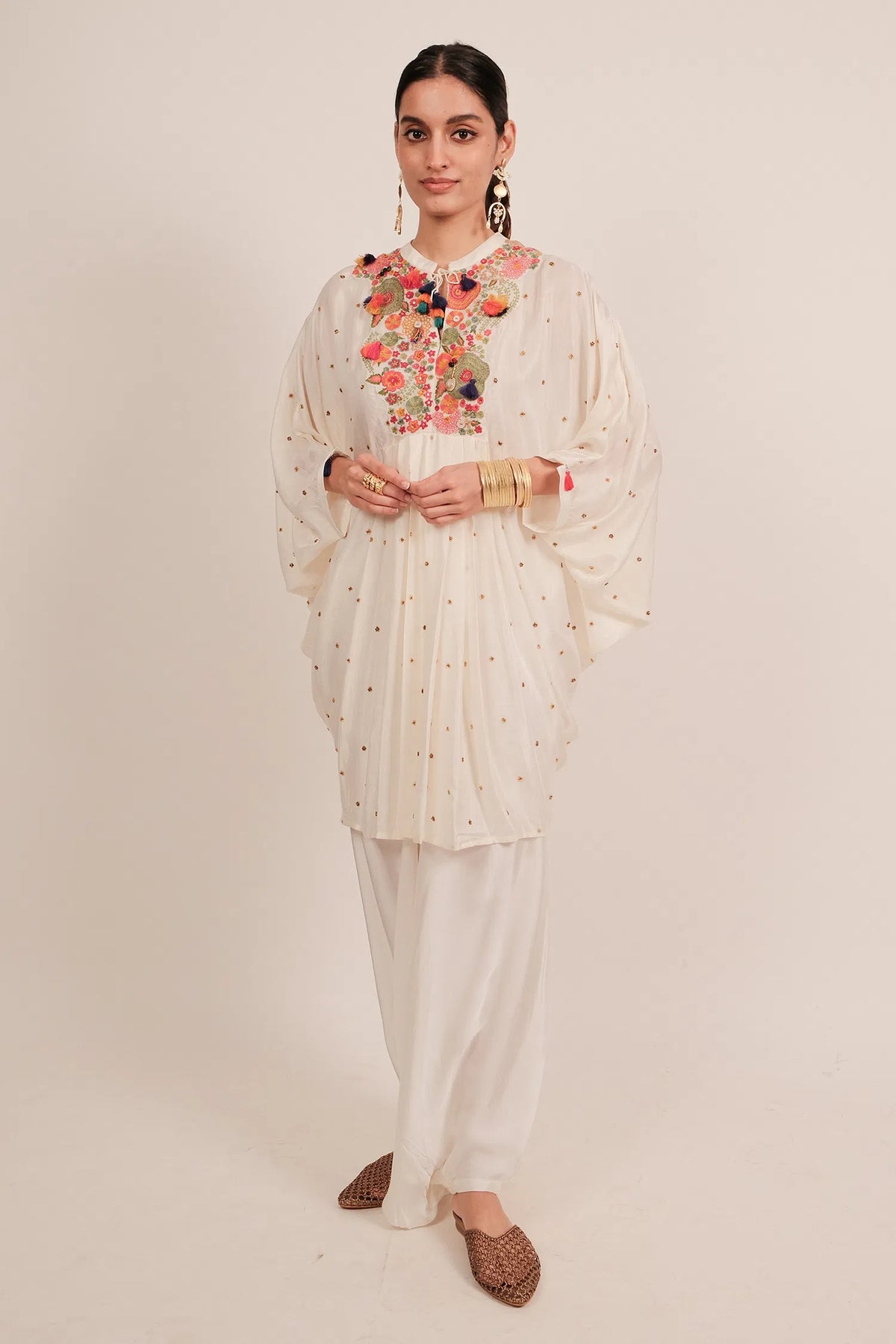 Pearl White Silk Intricate Thread Embroidery Kaftan Style Top - white silk saree embroidery