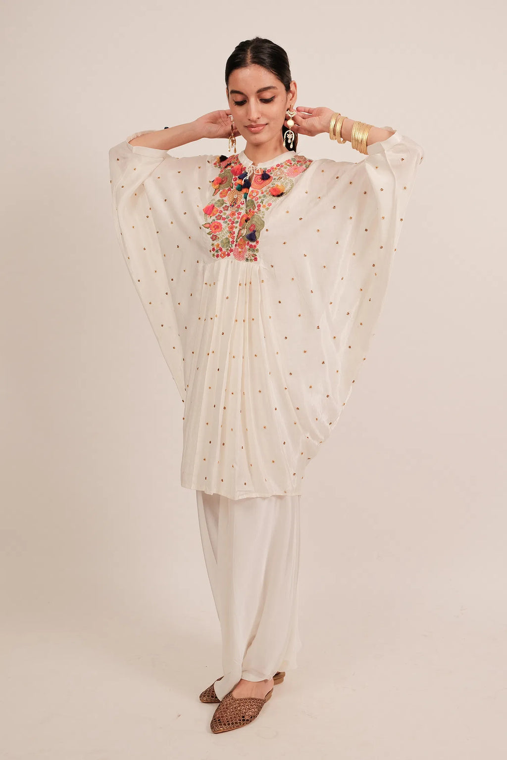 Pearl White Silk Intricate Thread Embroidery Kaftan Style Top - white silk saree embroidery