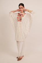 Pearl White Silk Intricate Thread Embroidery Kaftan Style Top - white silk saree embroidery