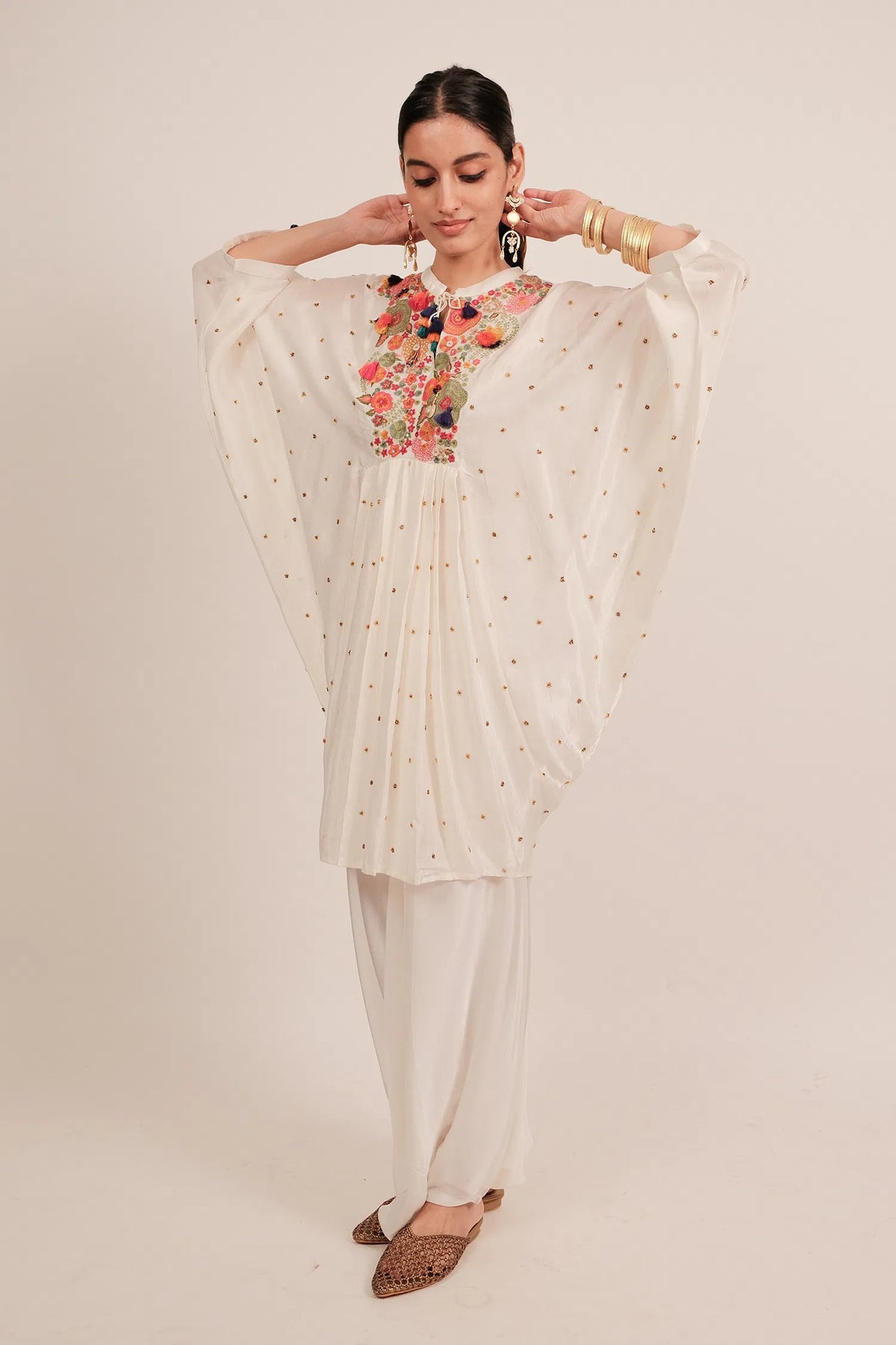 Pearl White Silk Intricate Thread Embroidery Kaftan Style Top - white silk saree embroidery