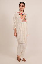 Pearl White Silk Intricate Thread Embroidery Kaftan Style Top - white silk saree embroidery
