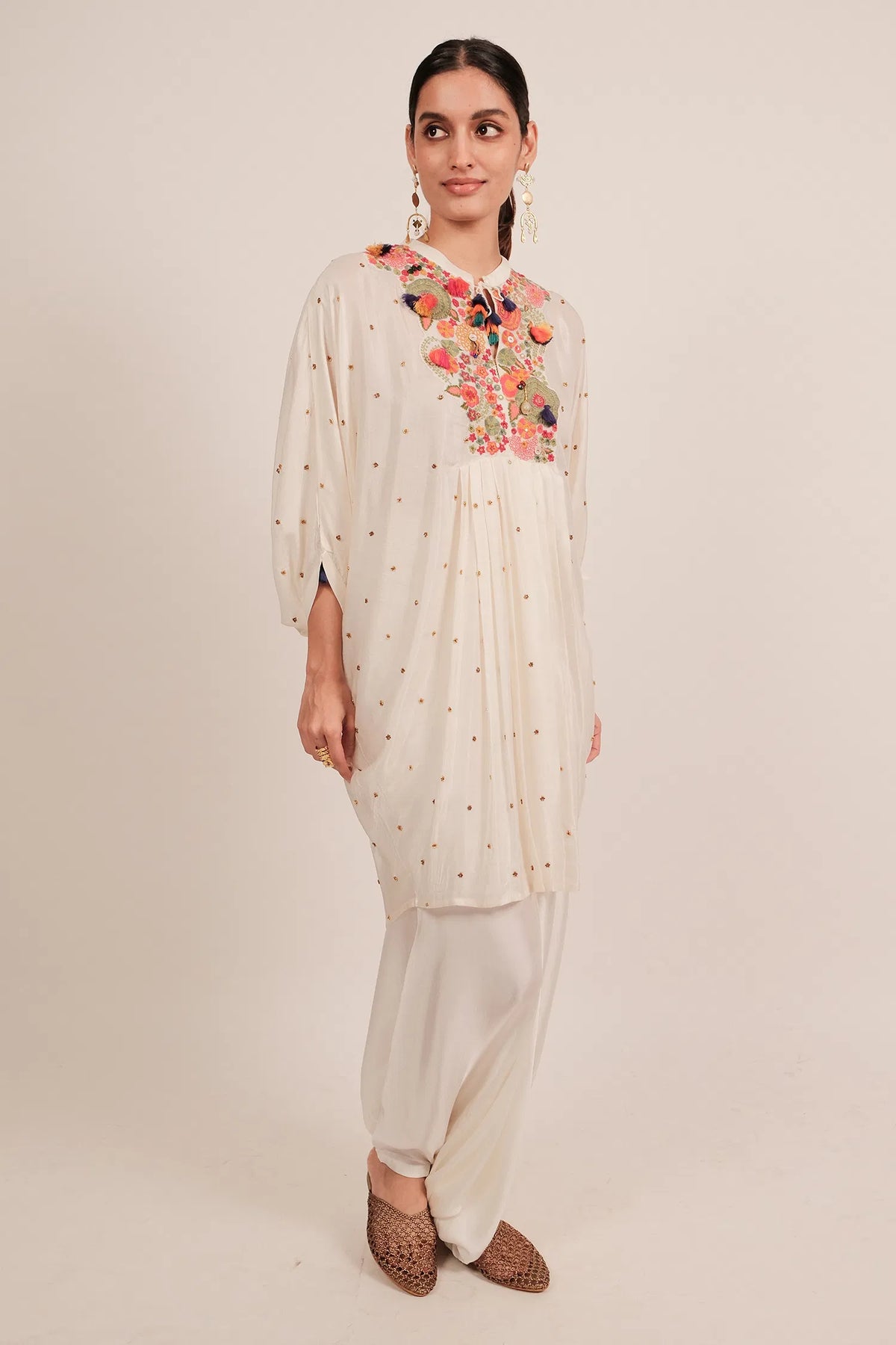 Pearl White Silk Intricate Thread Embroidery Kaftan Style Top - white silk saree embroidery