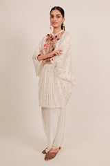 Pearl White Silk Intricate Thread Embroidery Kaftan Style Top