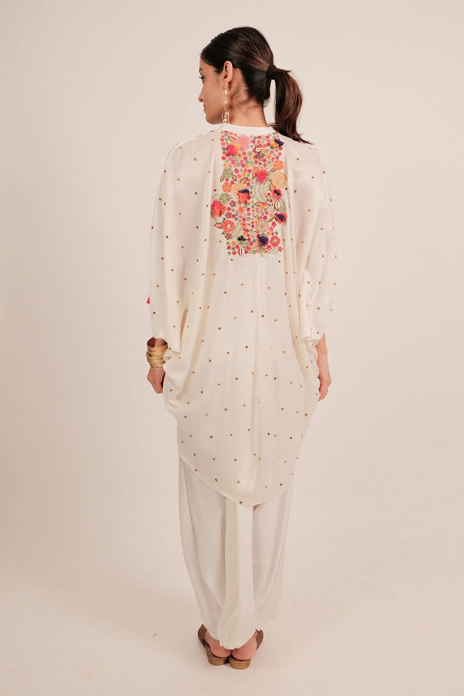 Pearl White Silk Intricate Thread Embroidery Kaftan Style Top