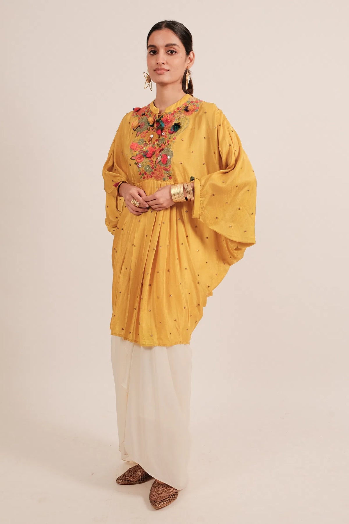 Yellow Silk Intricate Thread Embroidery Kaftan Style Top - yellow silk saree embroidery