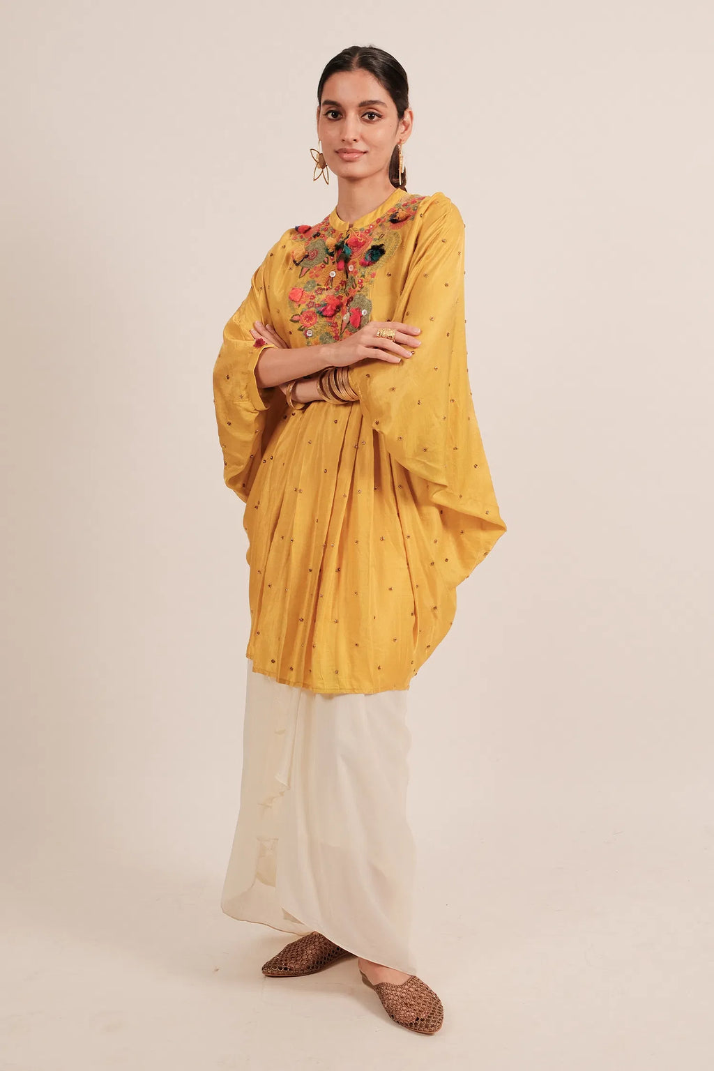 Yellow Silk Intricate Thread Embroidery Kaftan Style Top - yellow silk saree embroidery