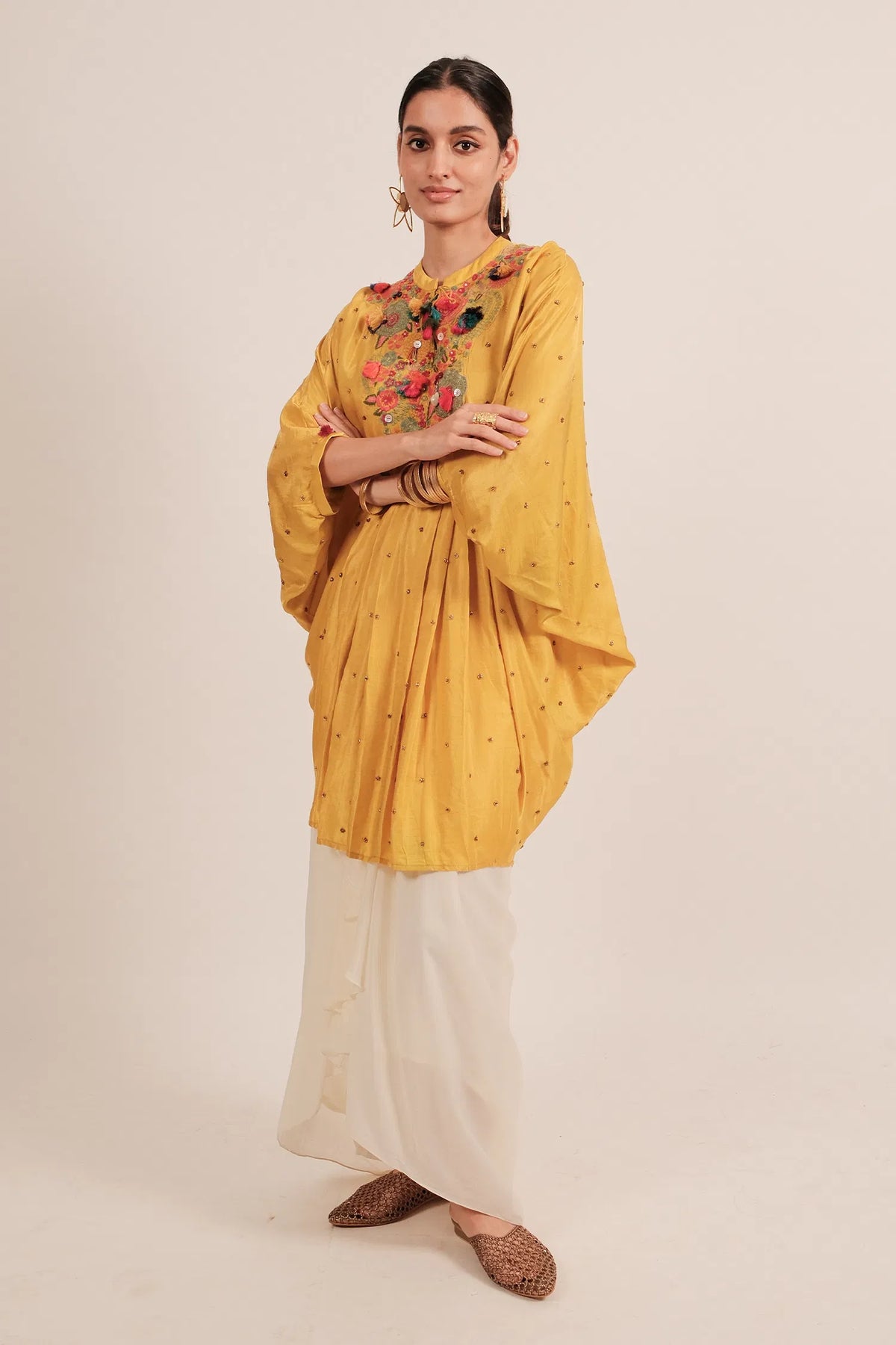 Yellow Silk Intricate Thread Embroidery Kaftan Style Top - yellow silk saree embroidery