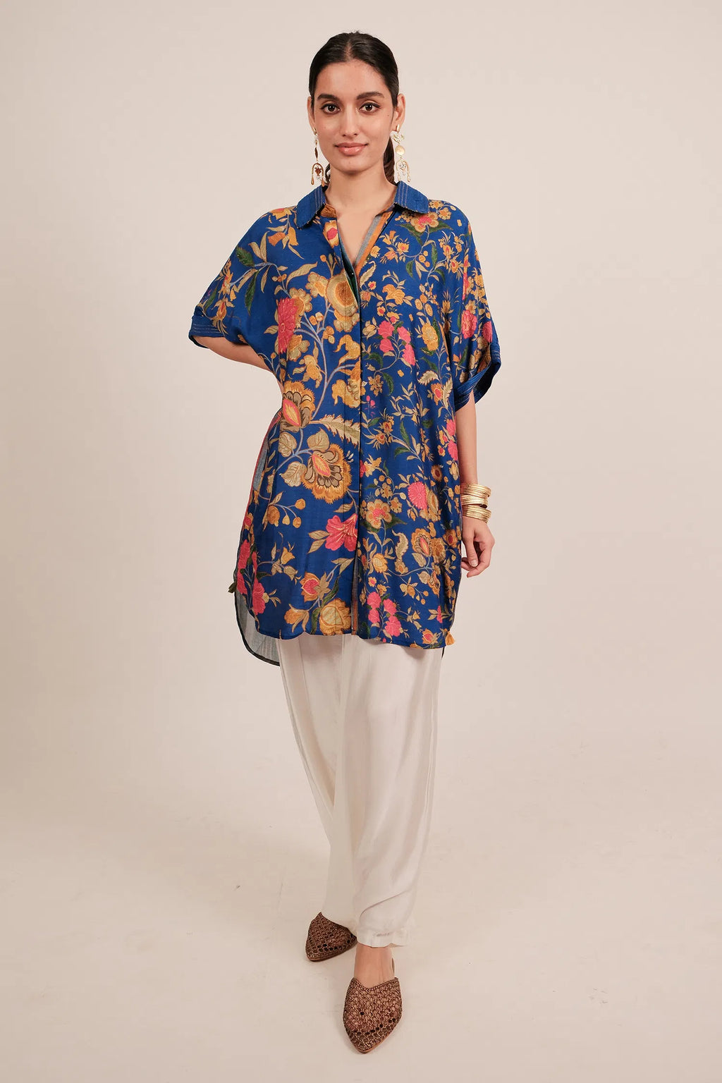 Blue Silk Floral Printed High and Low Top with Pocket - blue silk saree