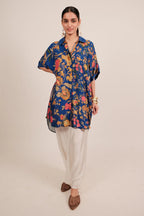 Blue Silk Floral Printed High and Low Top with Pocket - blue silk saree