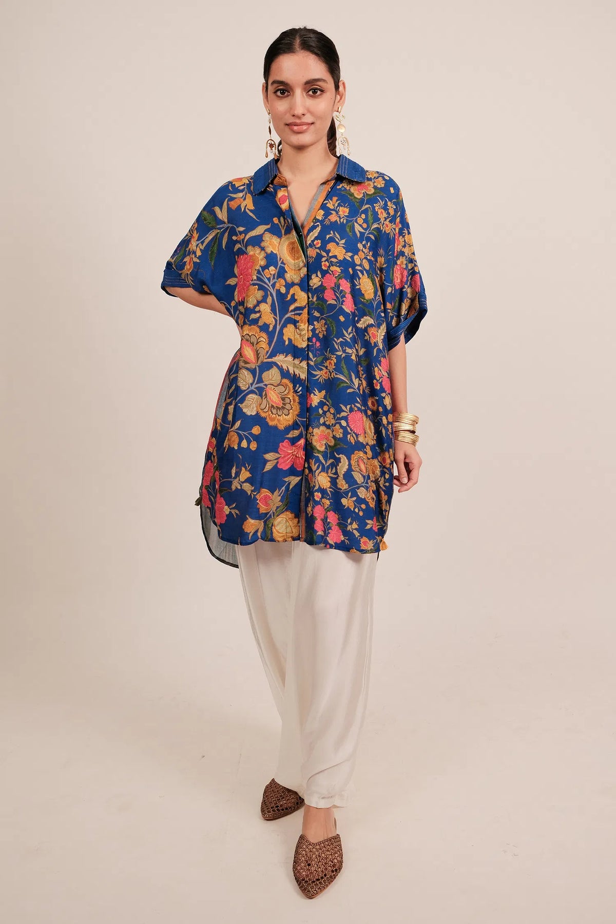 Blue Silk Floral Printed High and Low Top with Pocket - blue silk saree