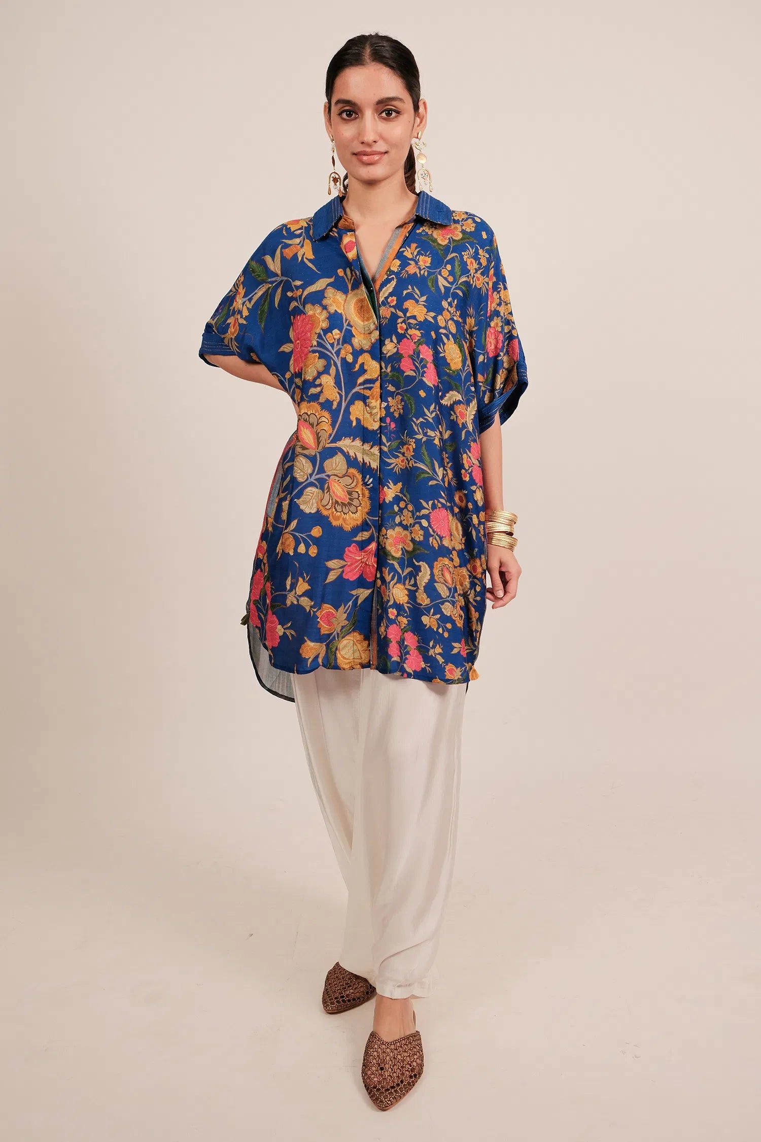 Blue Silk Floral Printed High and Low Top with Pocket - blue silk saree