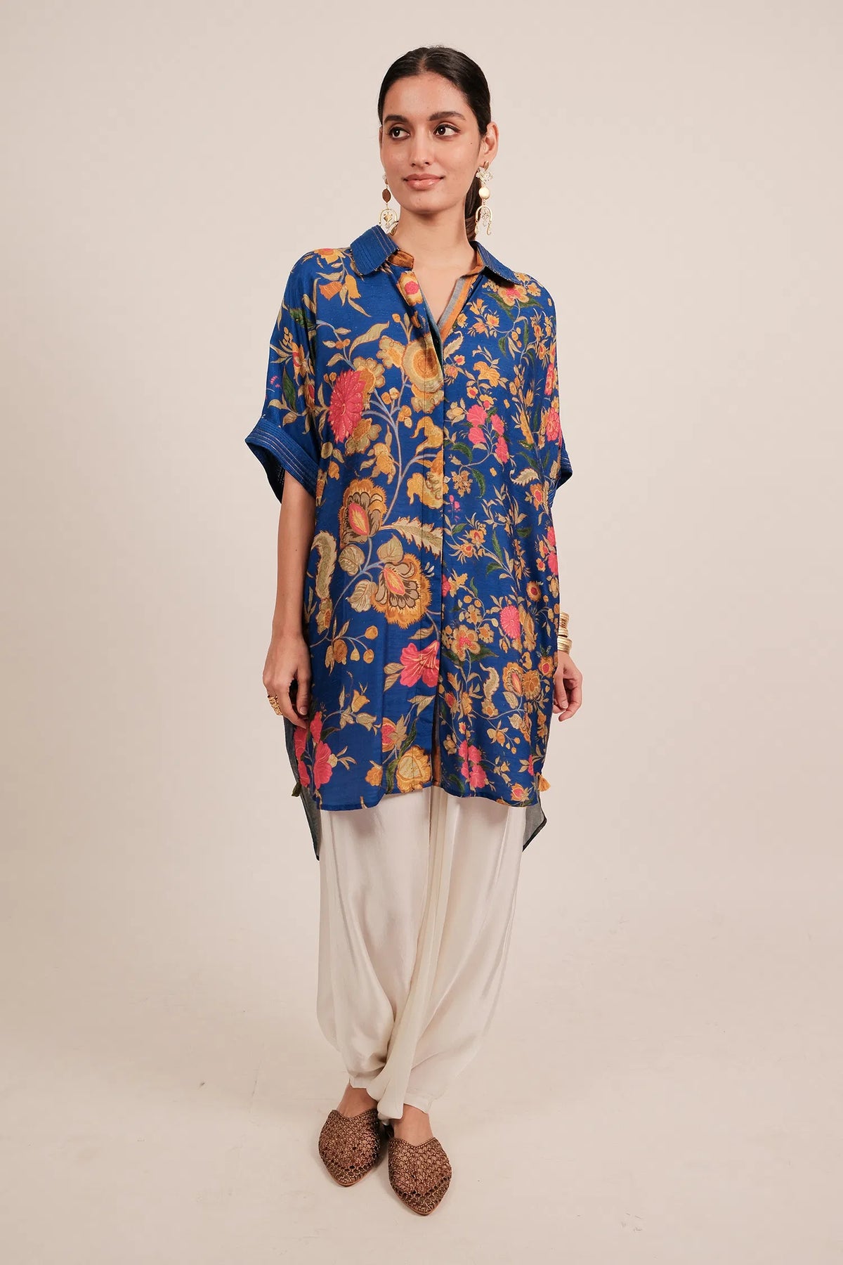 Blue Silk Floral Printed High and Low Top with Pocket - blue silk saree