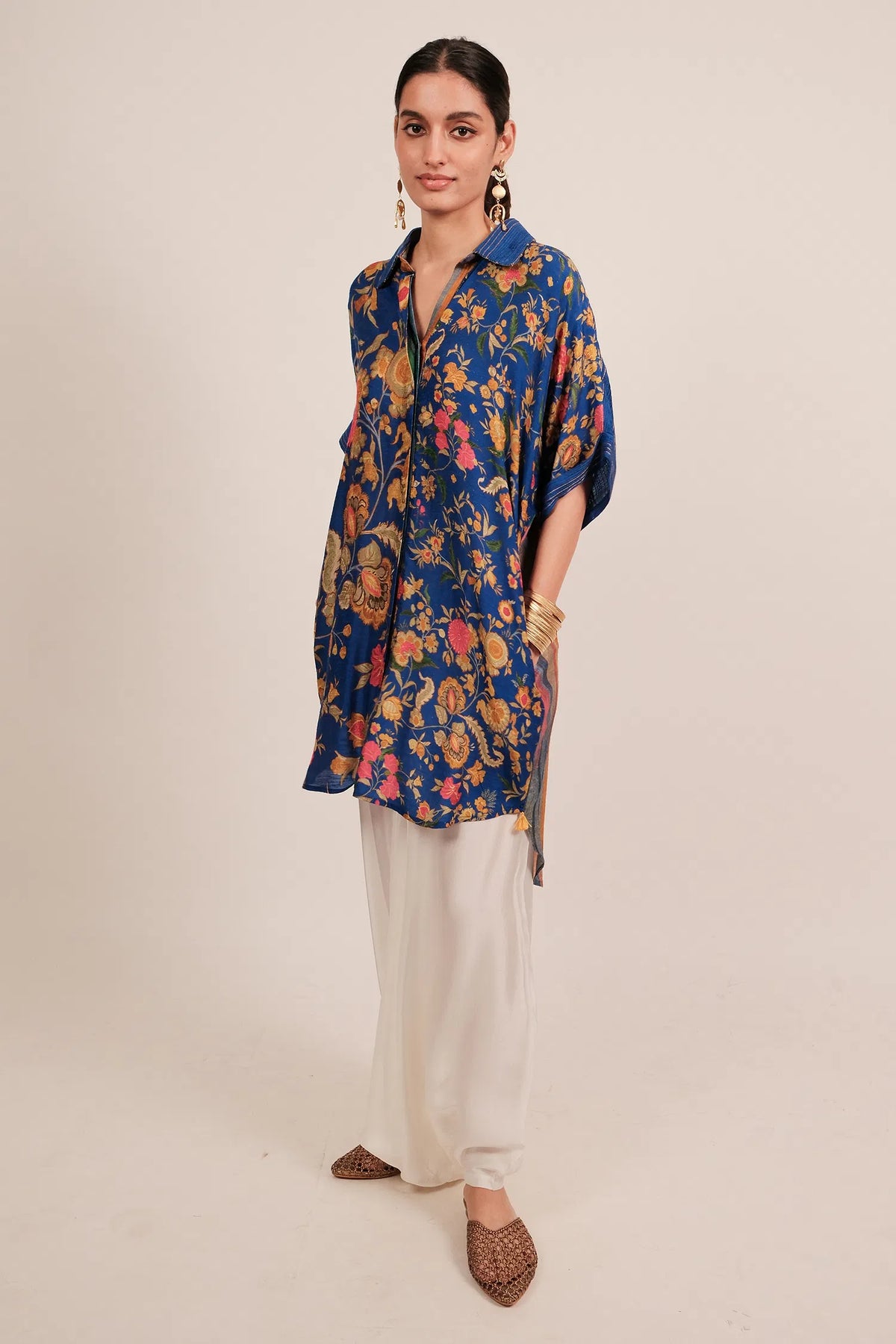 Blue Silk Floral Printed High and Low Top with Pocket - blue silk saree