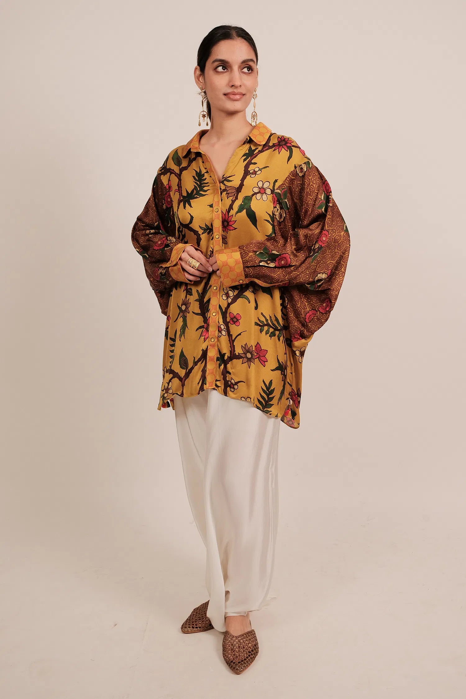Yellow Silk Floral Printed Shirt Style Top