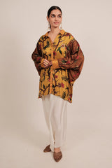 Yellow Silk Floral Printed Shirt Style Top