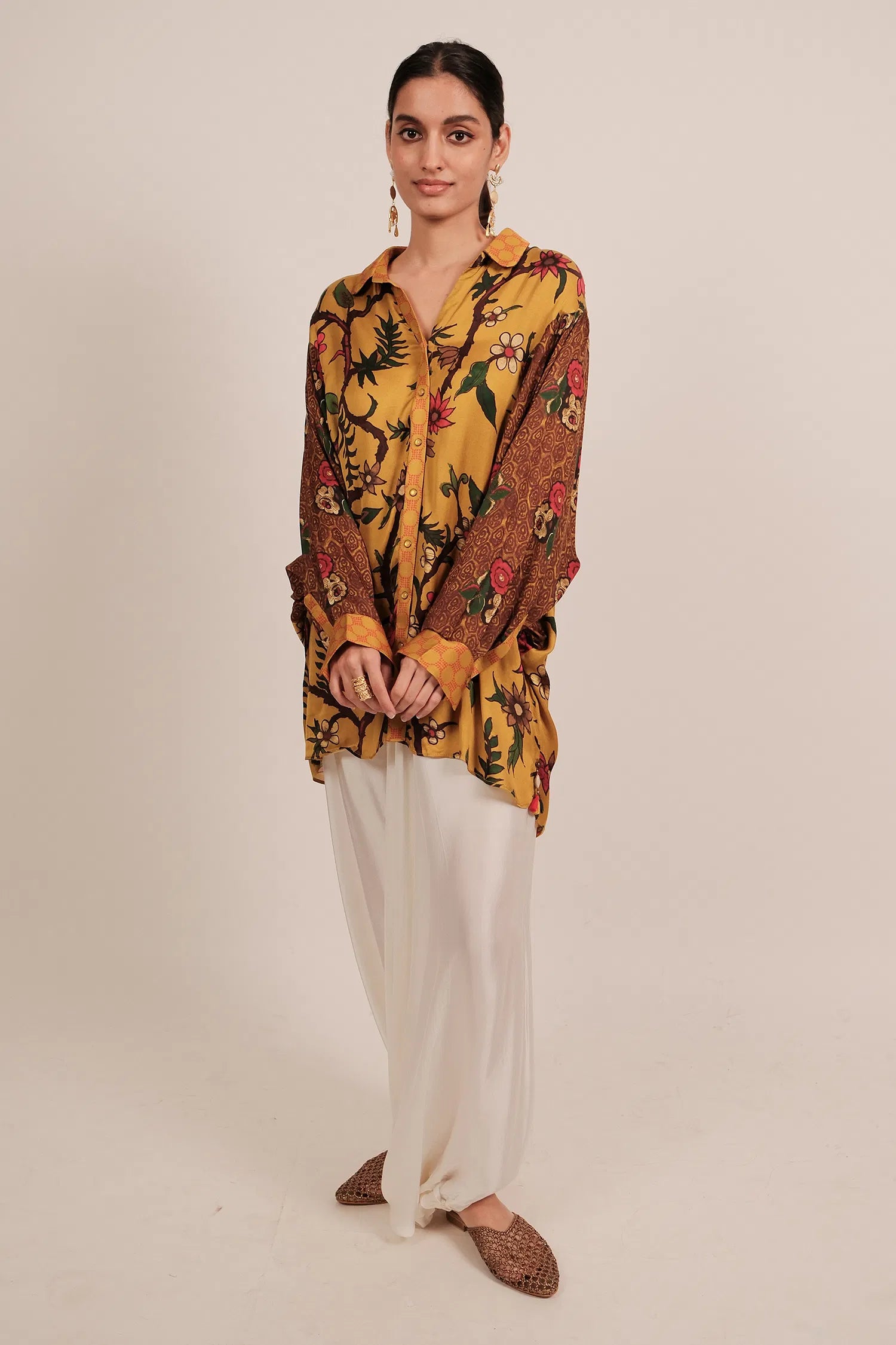 Yellow Silk Floral Printed Shirt Style Top