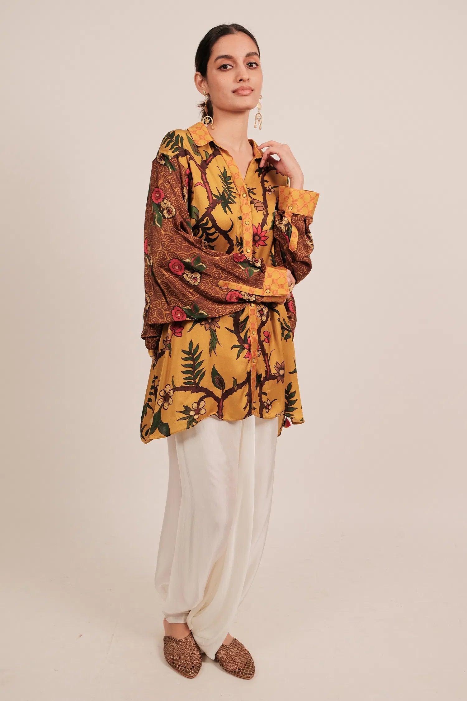 Yellow Silk Floral Printed Shirt Style Top