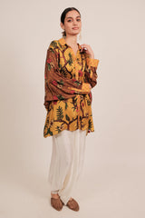 Yellow Silk Floral Printed Shirt Style Top